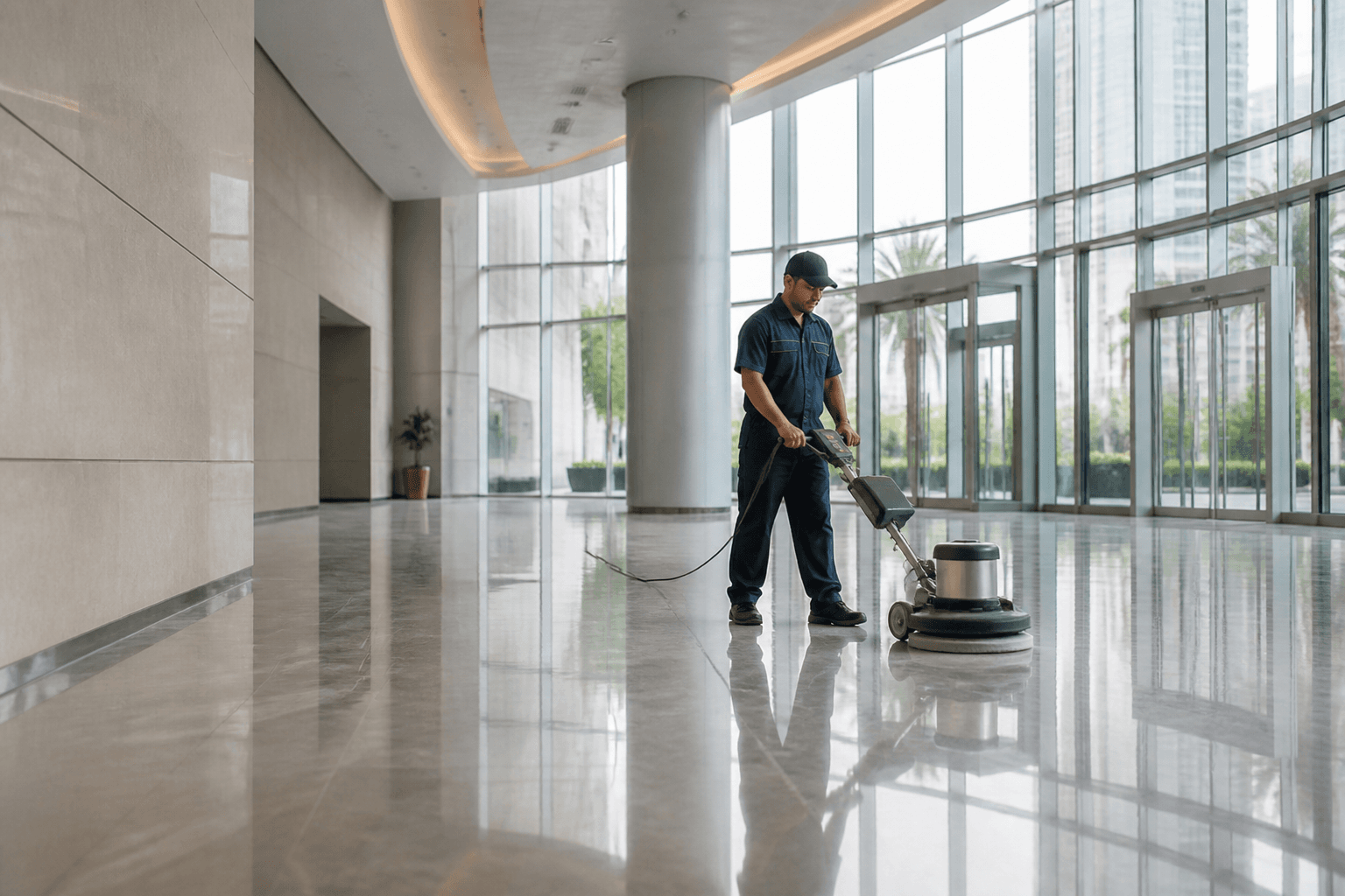 Just-cleaned commercial lobby with a glossy stone floor