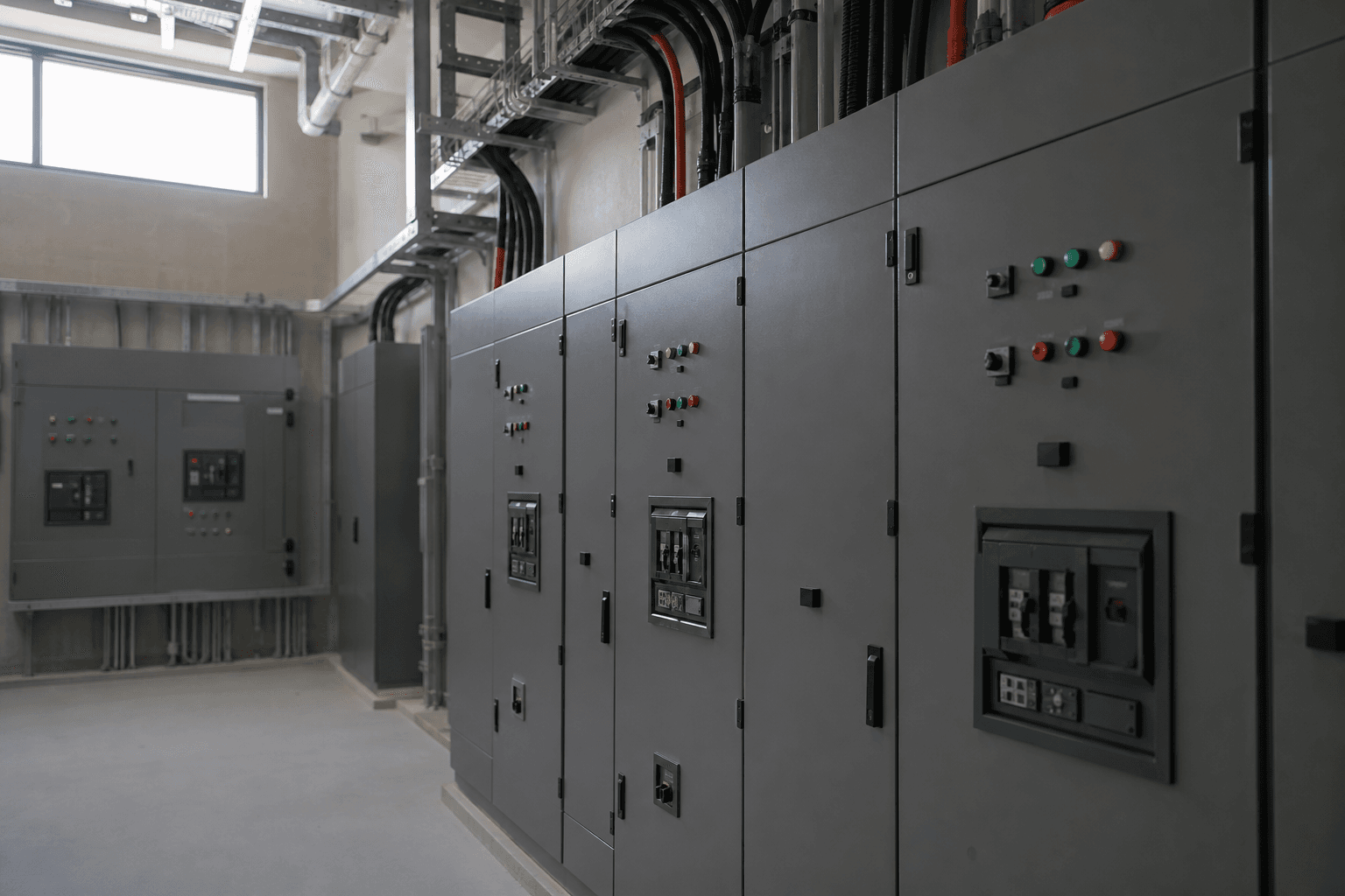 Neat cable trays in a commercial electrical services room