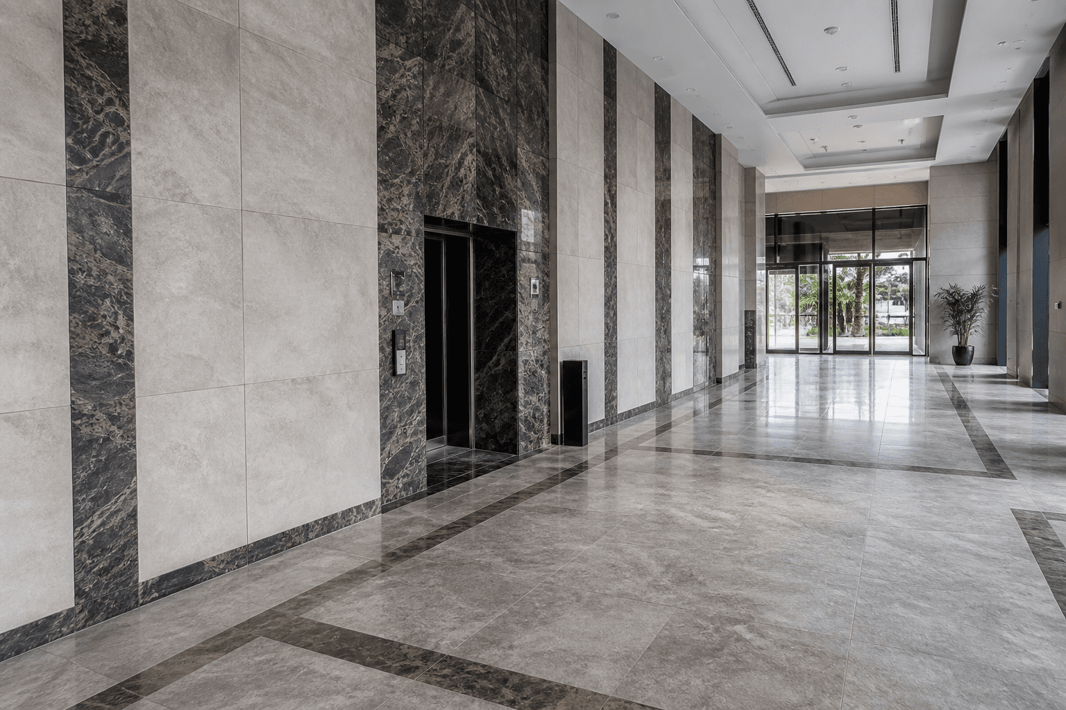 Completed lobby with mixed floor and wall tiles
