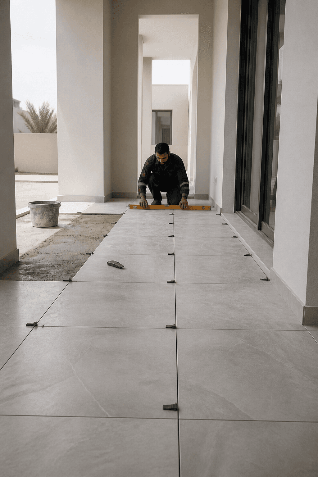 Technician checking a newly laid villa floor with a spirit level