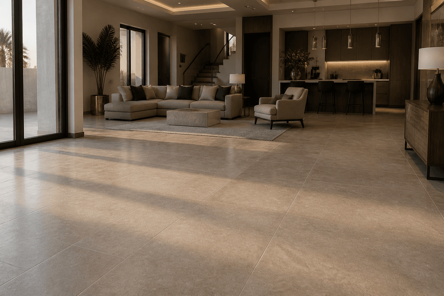 Finished stone-look porcelain floor in an open-plan living room