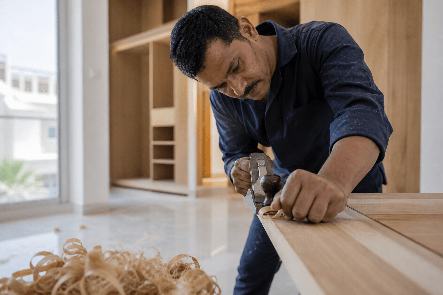 Carpenter planing a wardrobe door