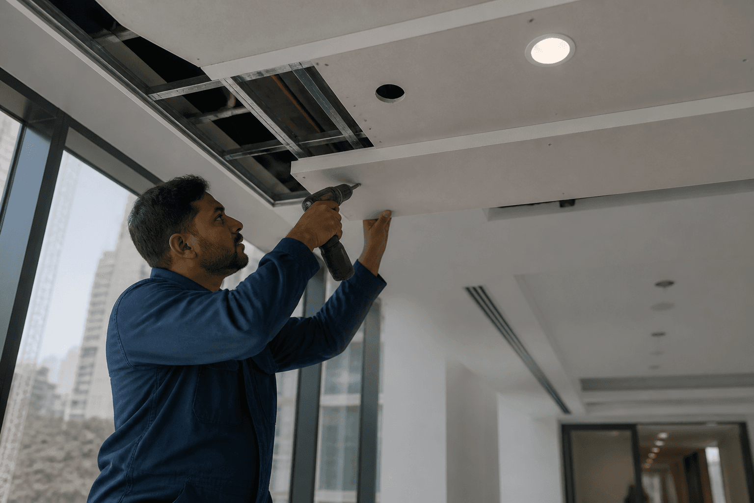 Technician fitting a gypsum ceiling bulkhead