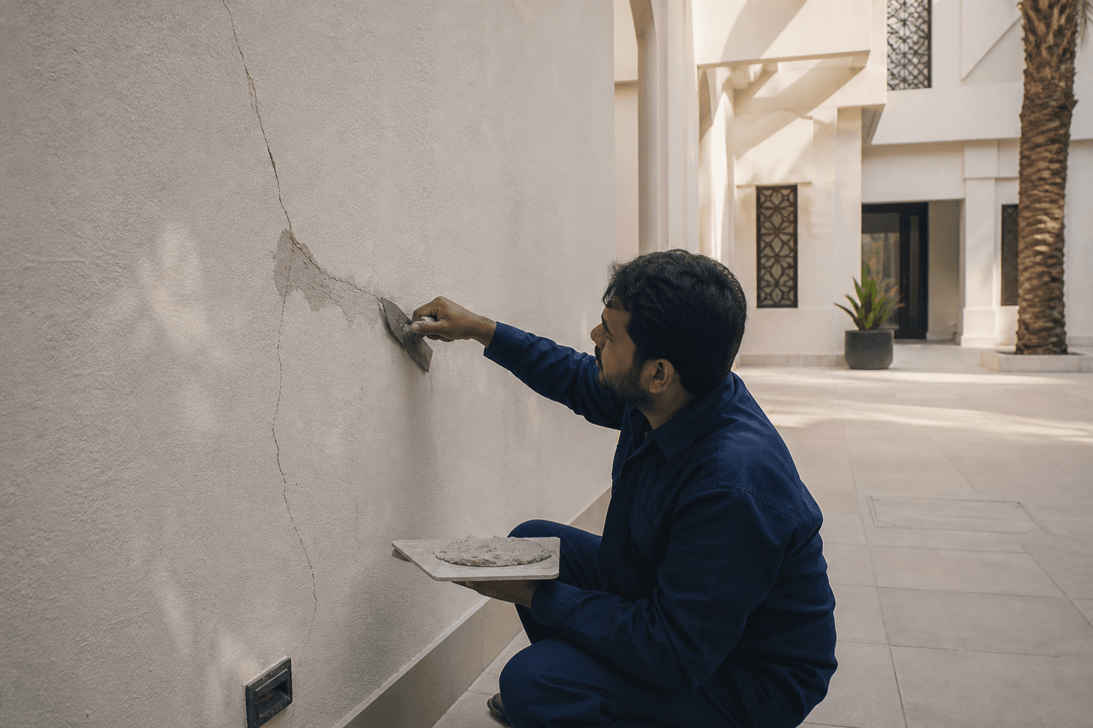 Mason patching a courtyard wall