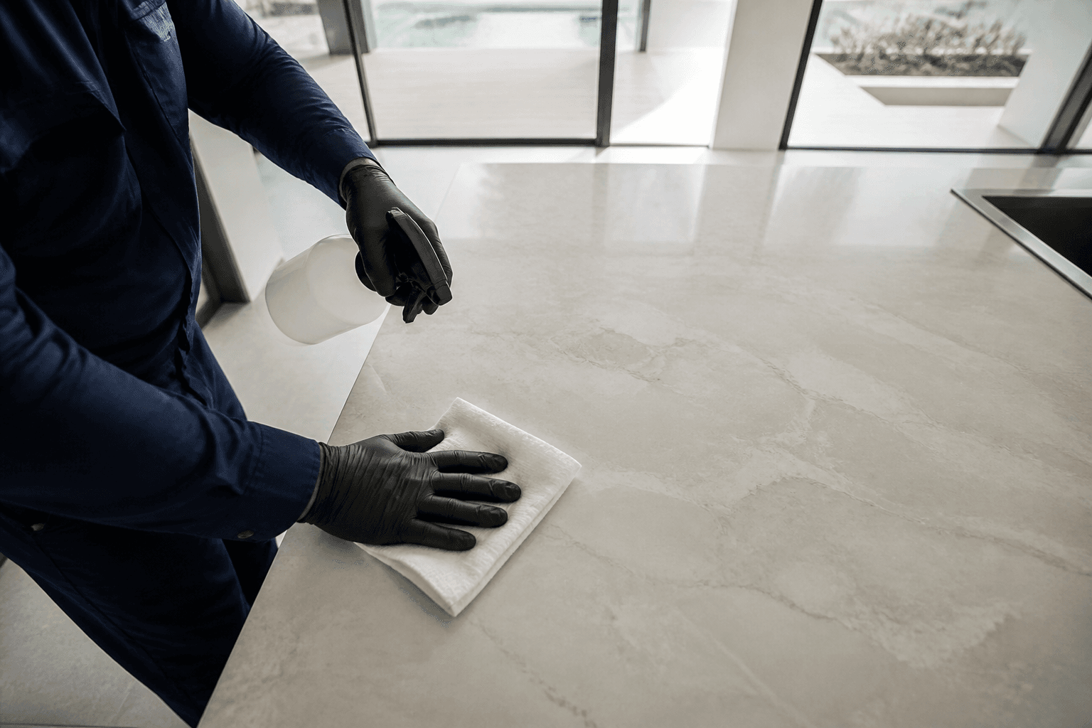 Gloved hands polishing a stone kitchen island