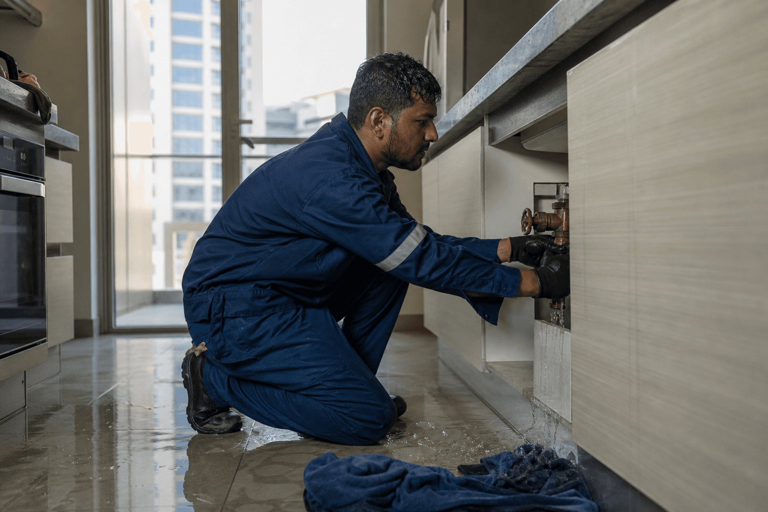 Technician isolating a leaking kitchen valve