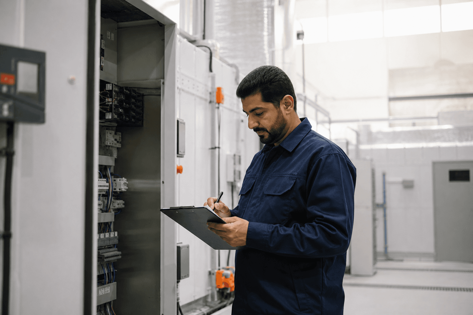 Supervisor checking plant-room equipment on a maintenance round
