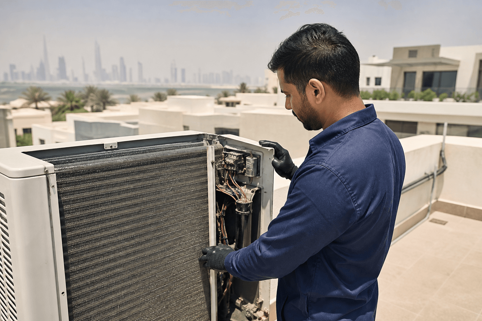 Technician servicing a rooftop split air-conditioning condenser