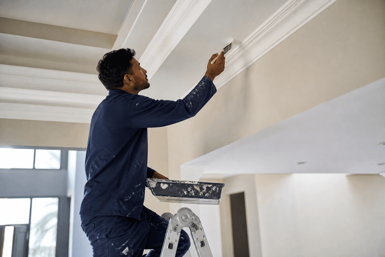 Painter cutting in a ceiling cornice line