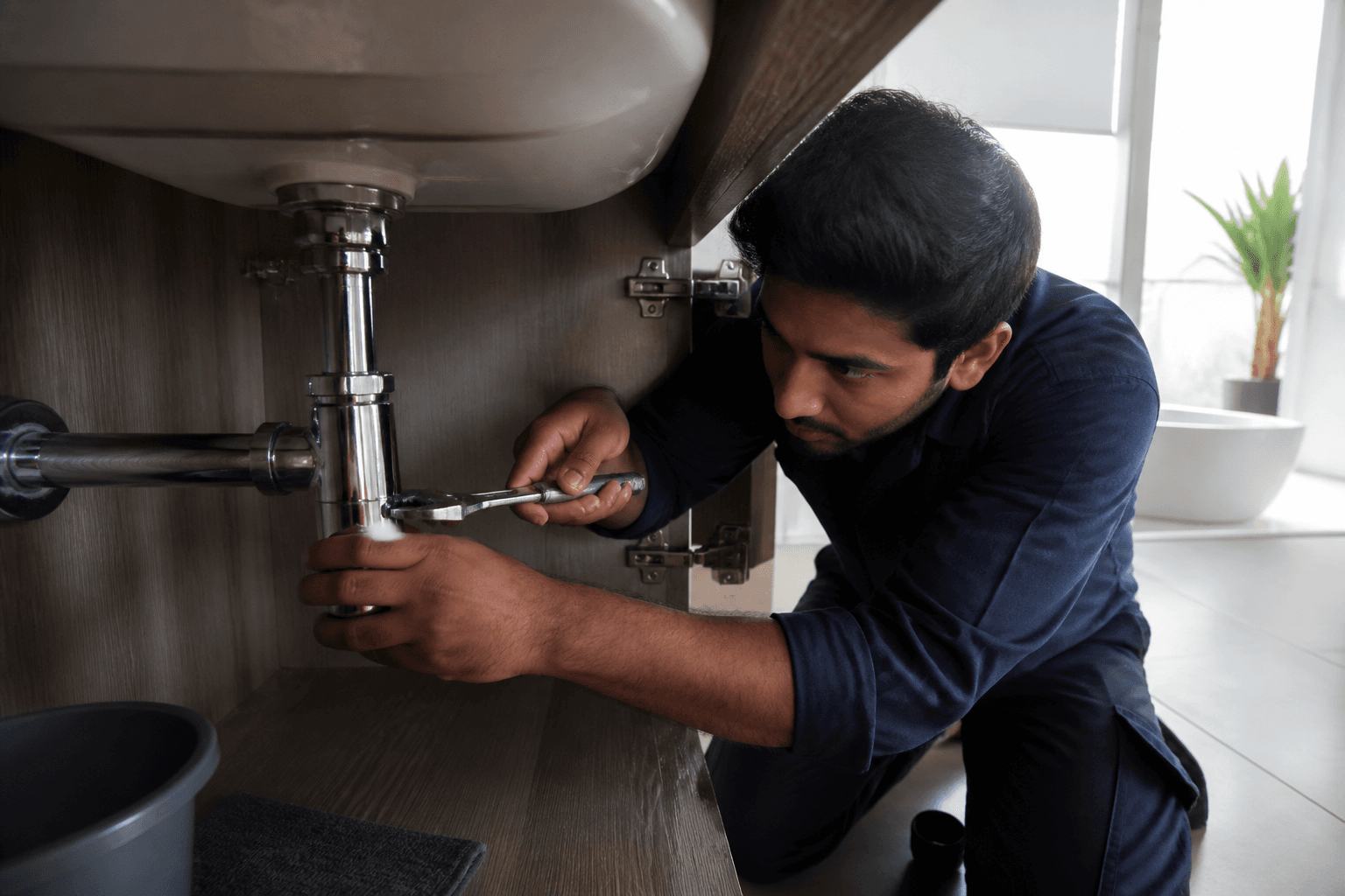 Technician tightening a bathroom vanity trap