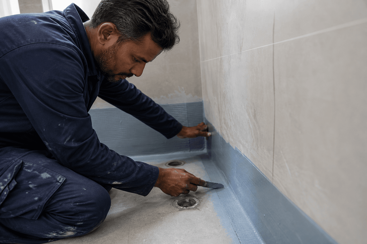 Technician detailing a wet-area waterproofing junction