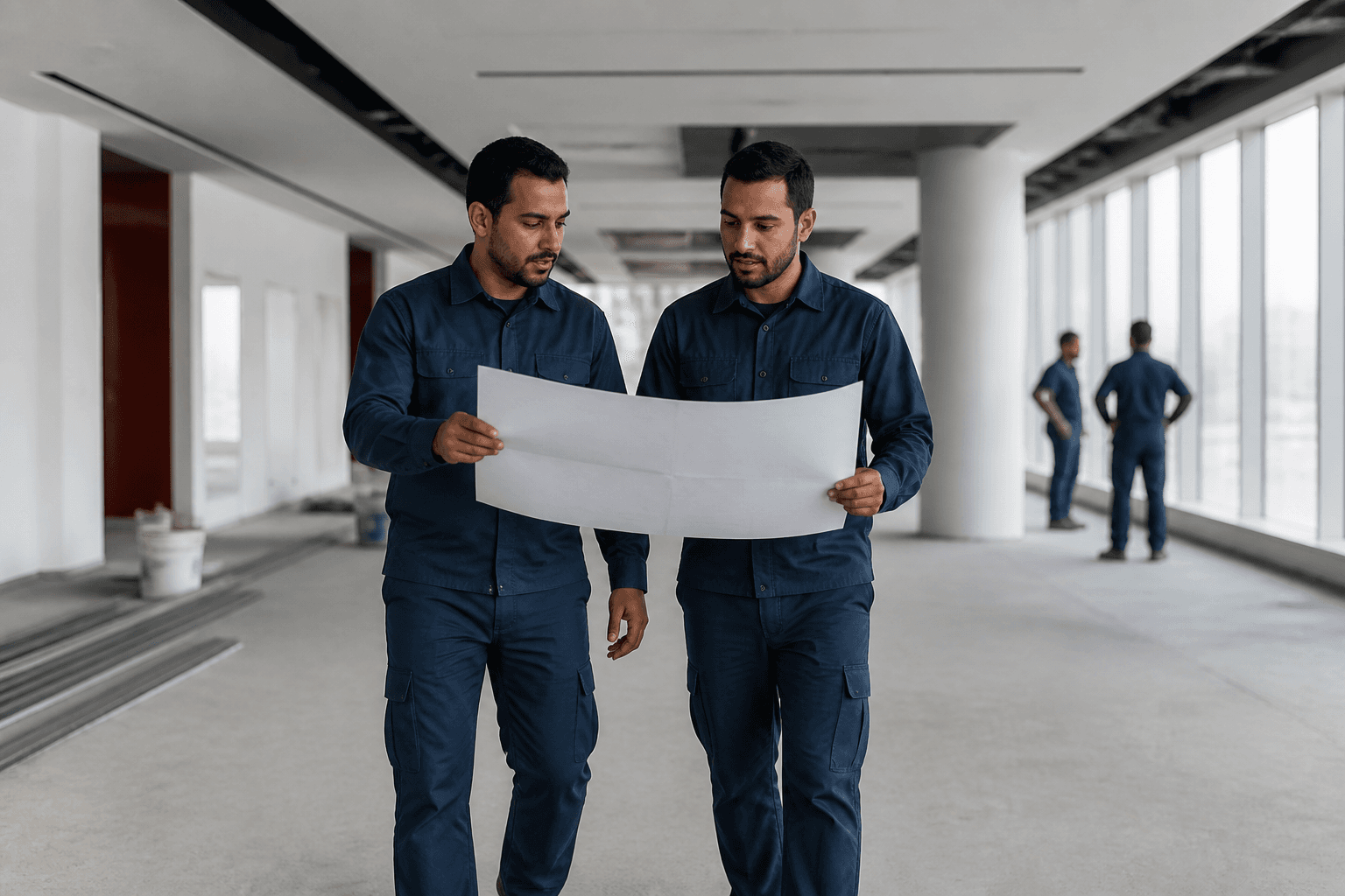 Technicians walking a commercial fit-out floor