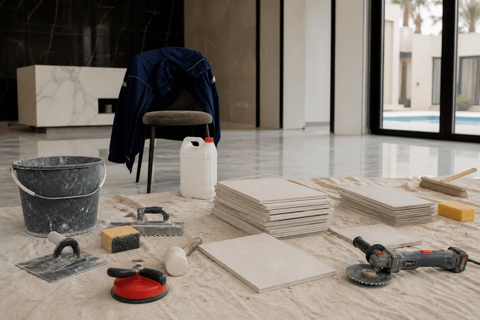 Tiling and cleaning tools laid out on a drop cloth