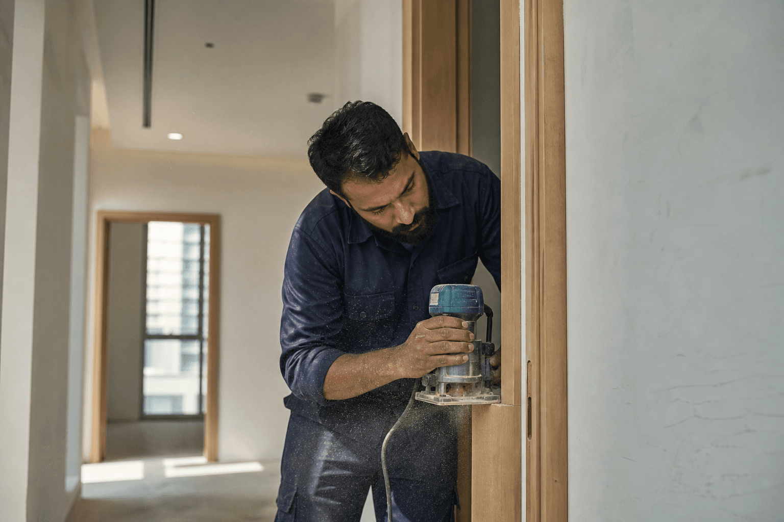 Joiner routing a timber door frame