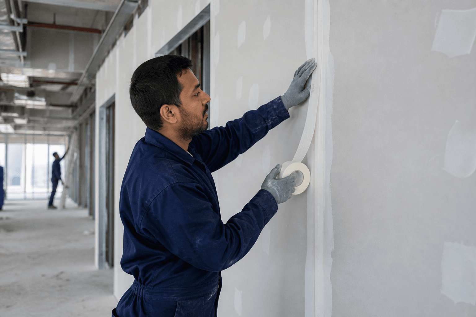 Technician taping a gypsum partition joint