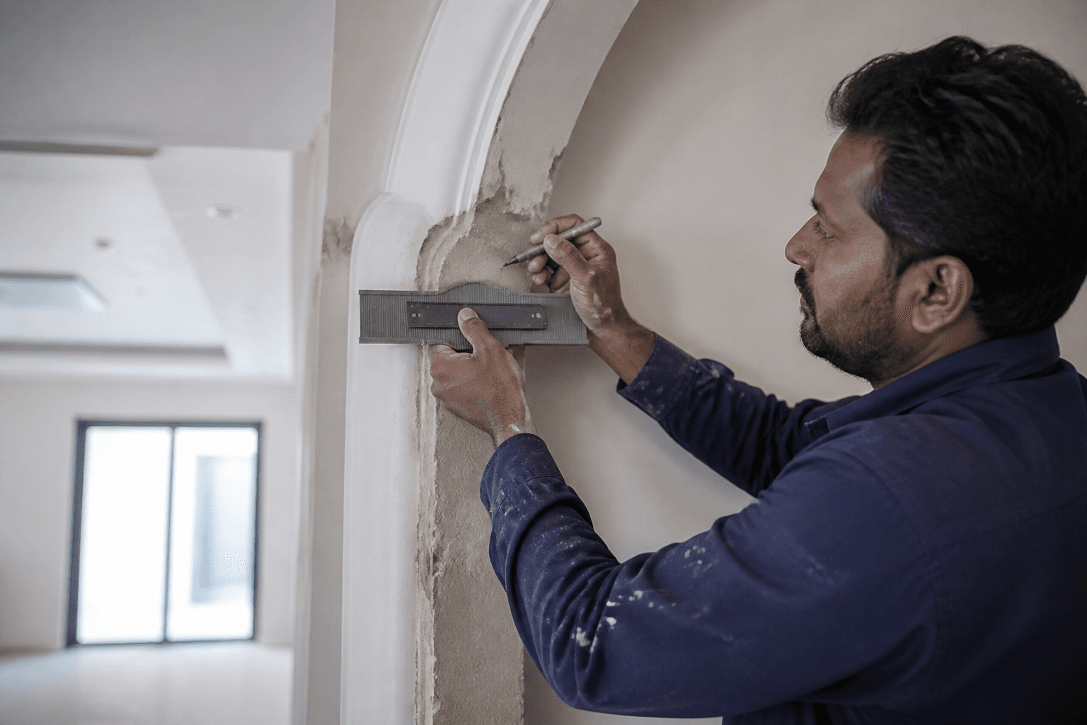 Technician rebuilding plaster around an interior archway