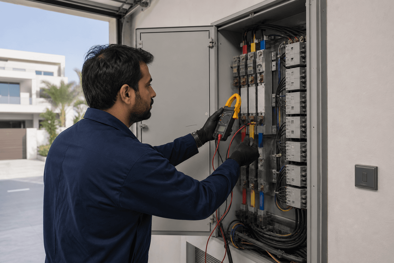 Technician testing a circuit in a villa electrical cupboard
