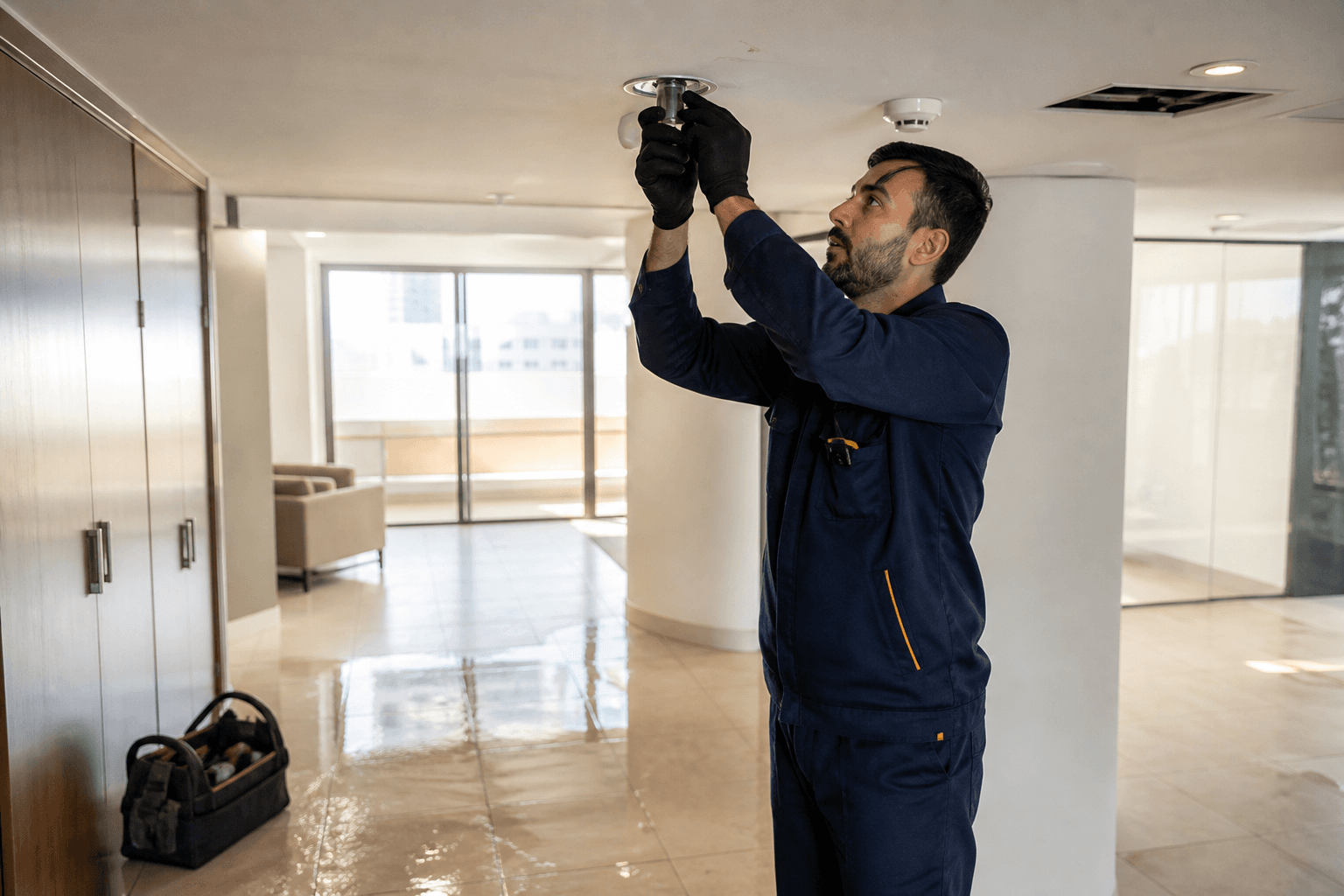 Technician repairing a ceiling fitting after a leak