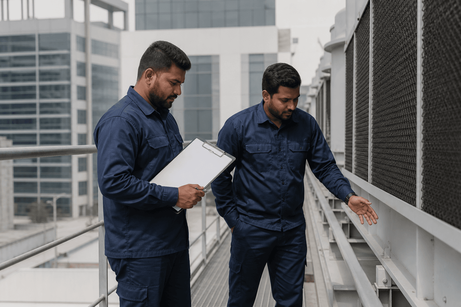 Technicians inspecting a rooftop cooling-tower walkway