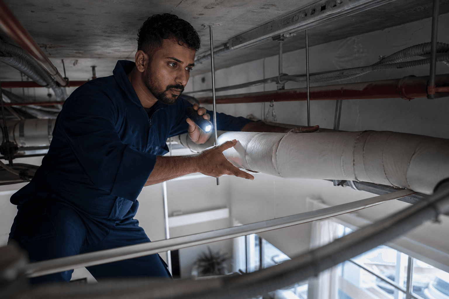 Technician insulating a chilled-water pipe in a ceiling void