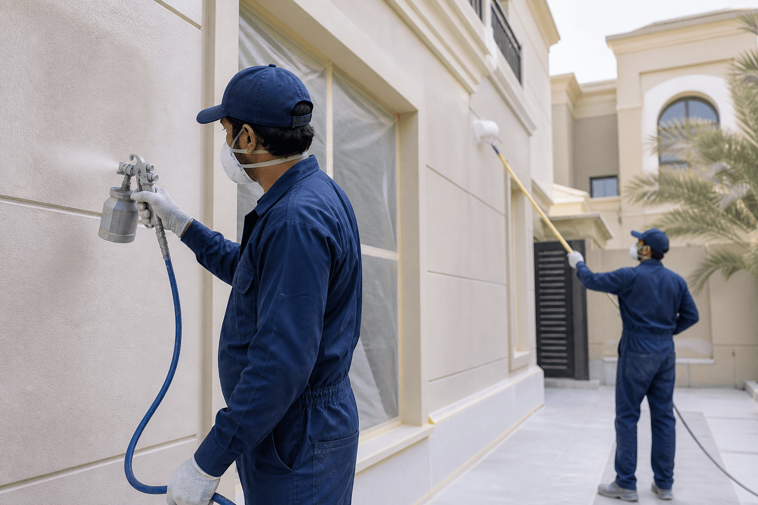 Painters spraying a villa courtyard wall