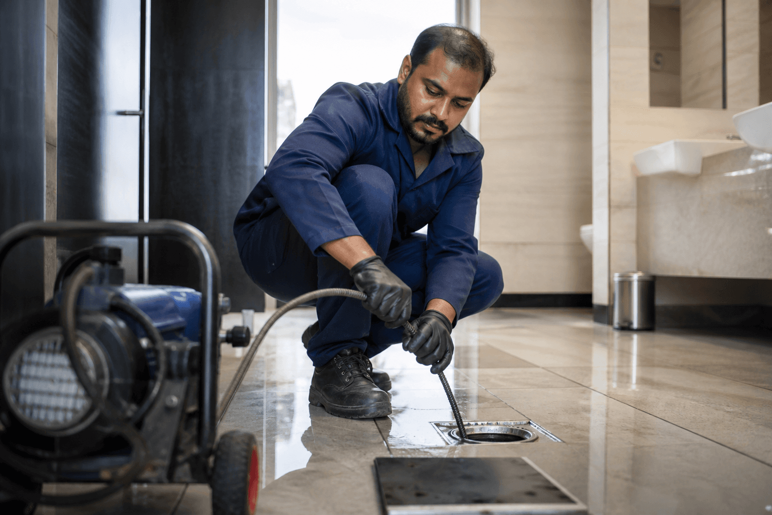 Plumber clearing a commercial washroom floor drain