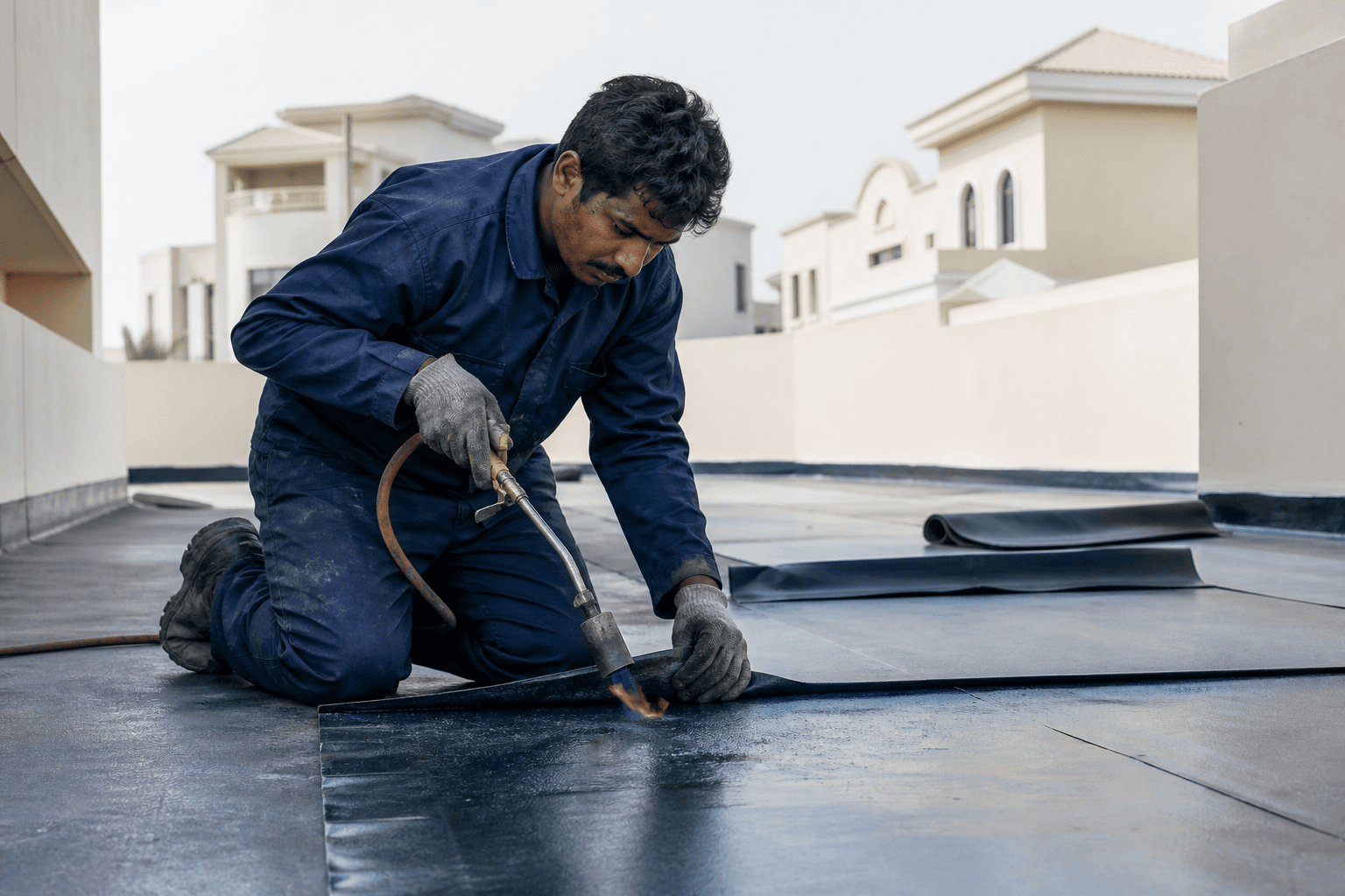Technician welding a roof waterproofing sheet