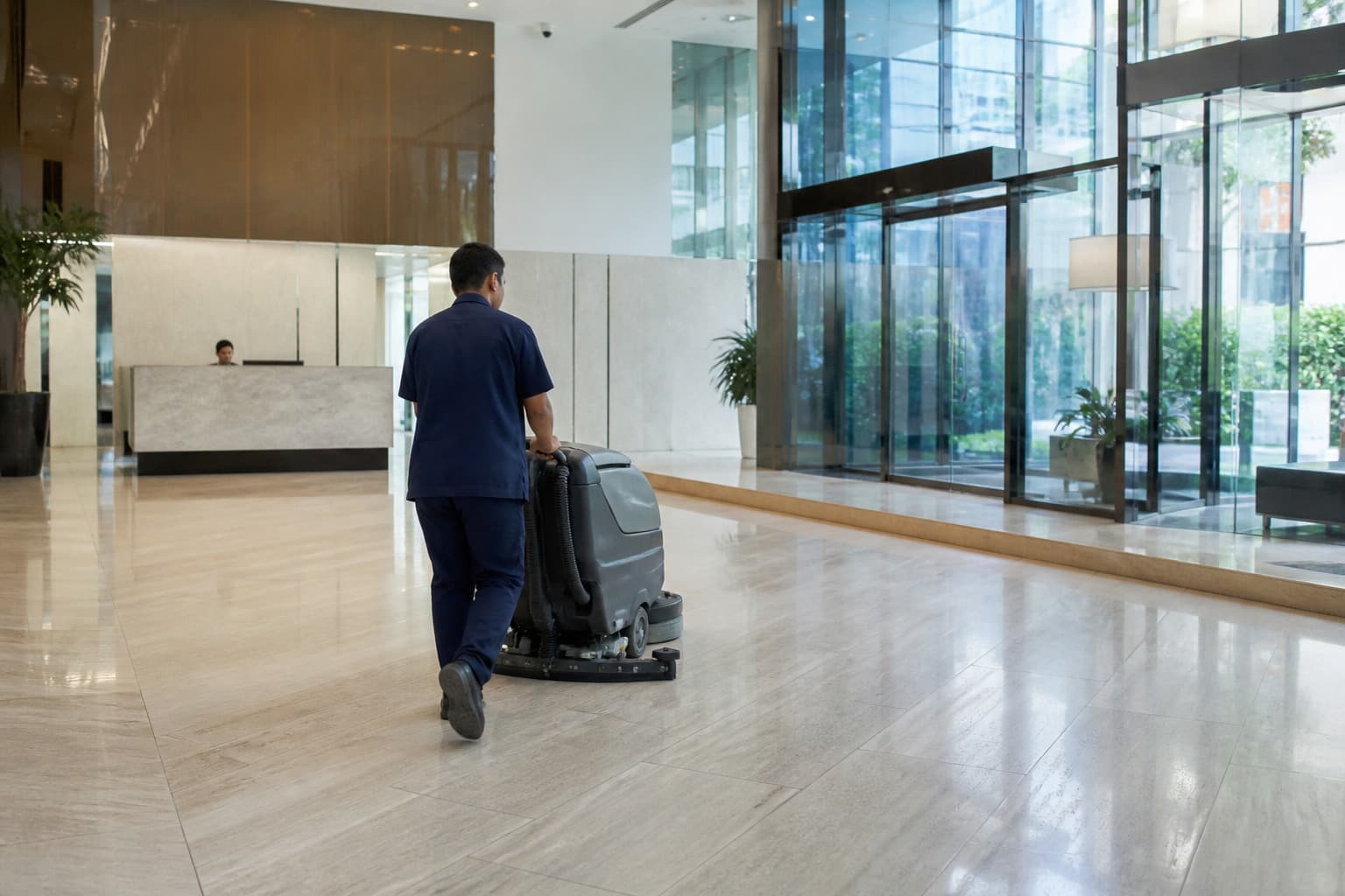 Technician using a floor scrubber in a commercial office lobby