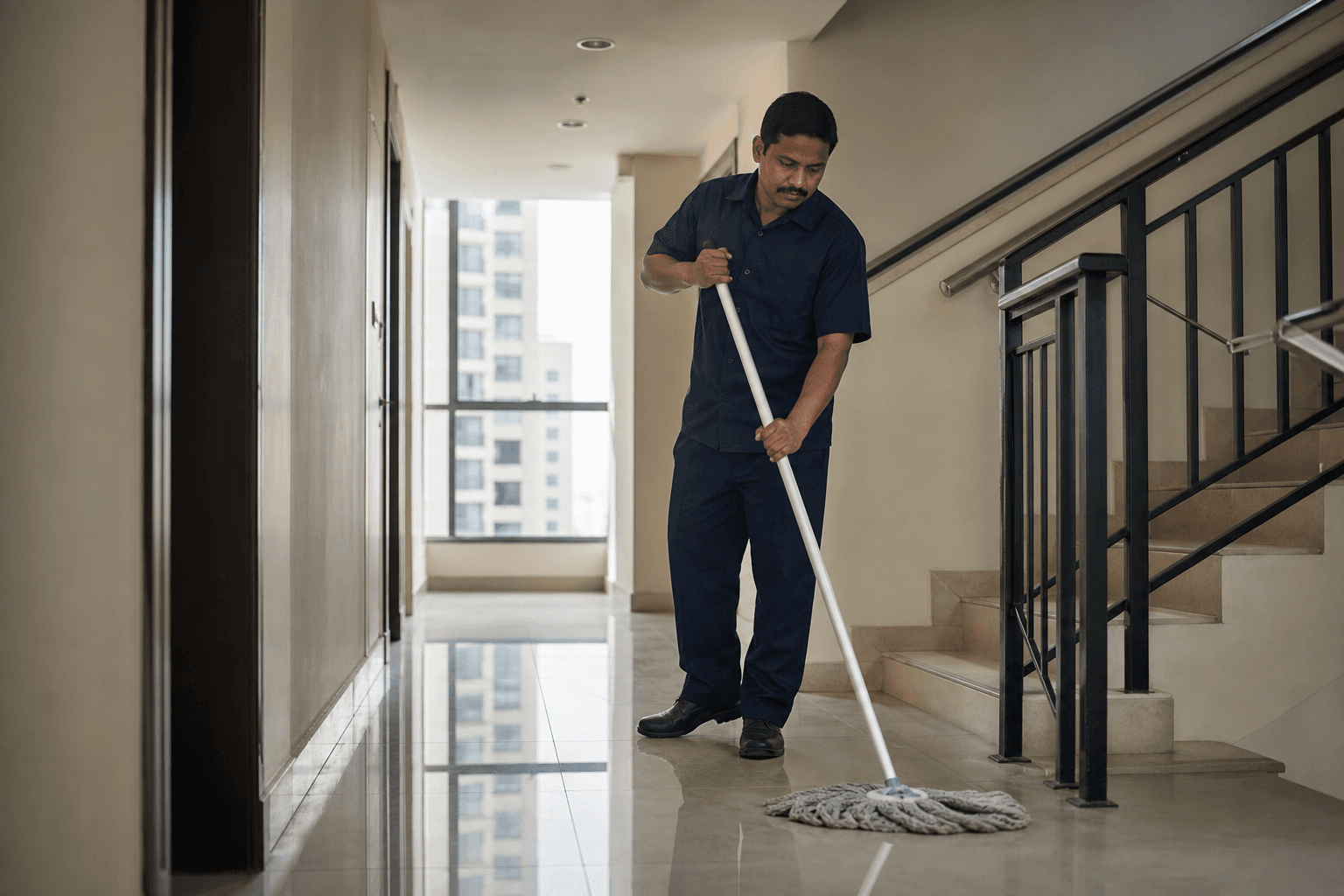 Technician mopping a tiled apartment corridor and stair landing