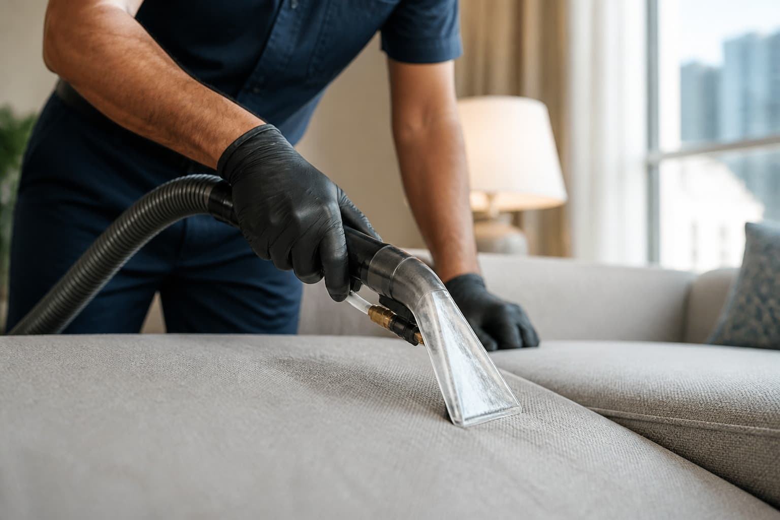 Technician steam-cleaning upholstery with a handheld extractor