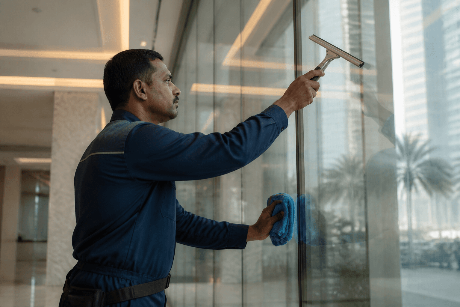 Technician cleaning a tall glass façade panel in a lobby