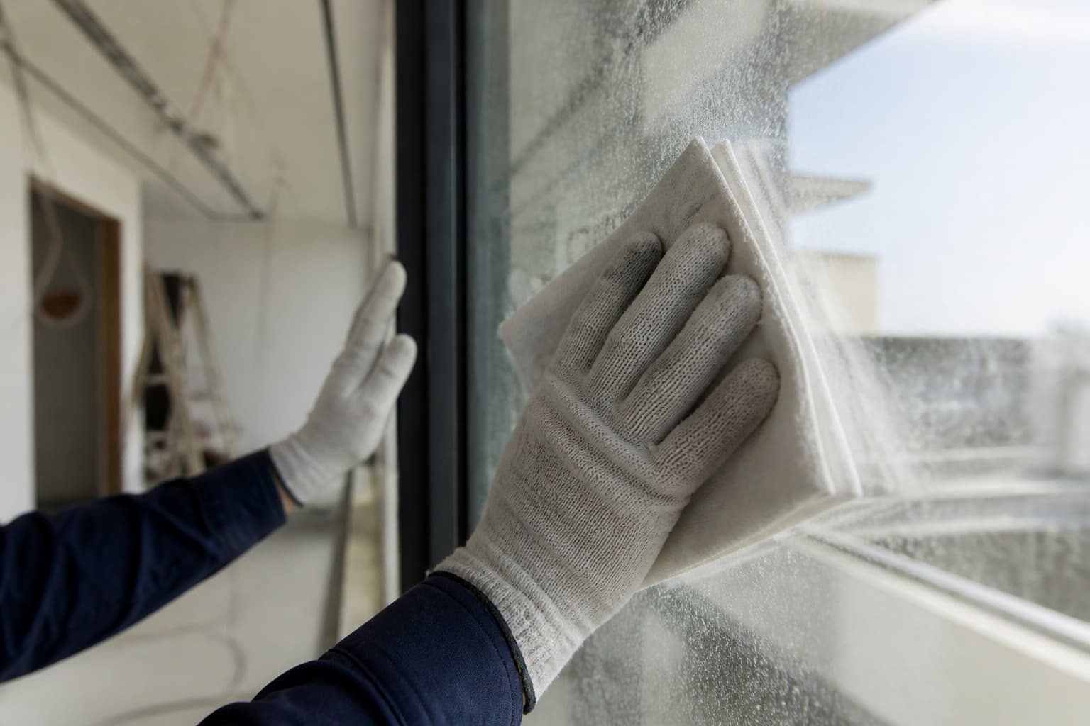 Gloved hands wiping construction dust from a window pane