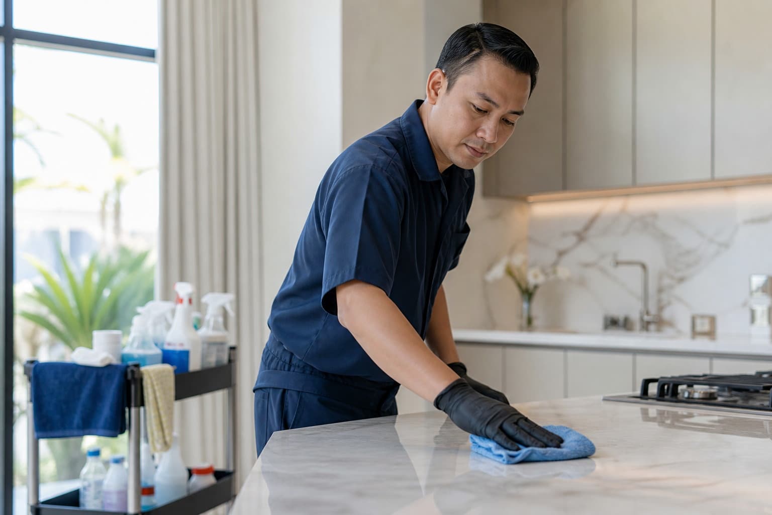 Technician wiping a kitchen countertop in a villa kitchen