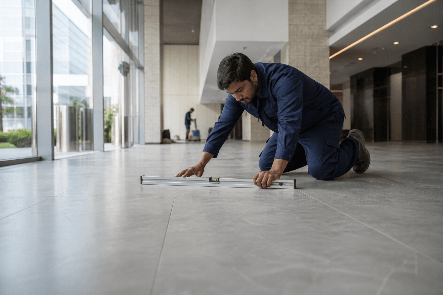 Technician checking tile alignment on a commercial lobby floor