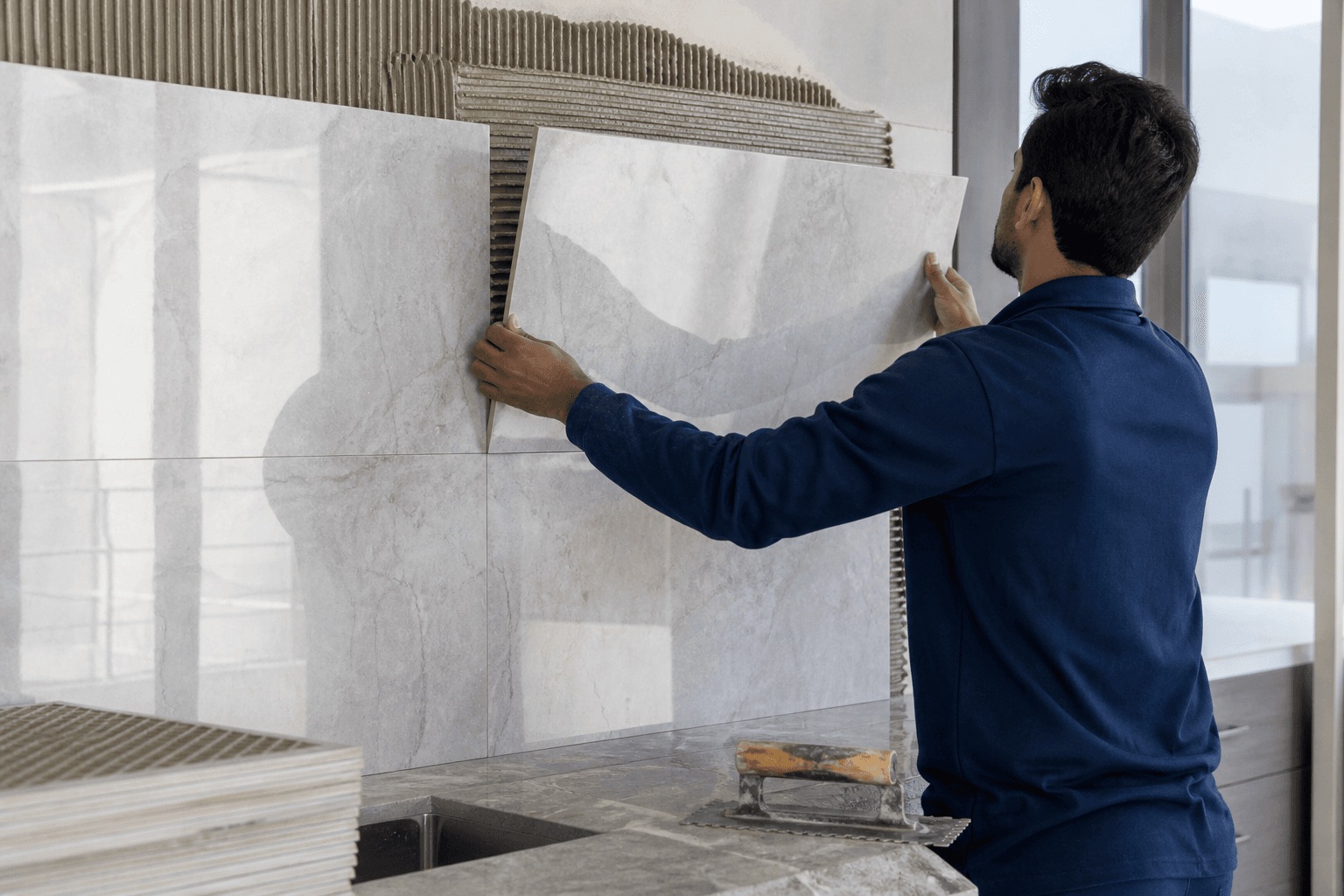 Technician setting porcelain tiles on a villa kitchen splashback