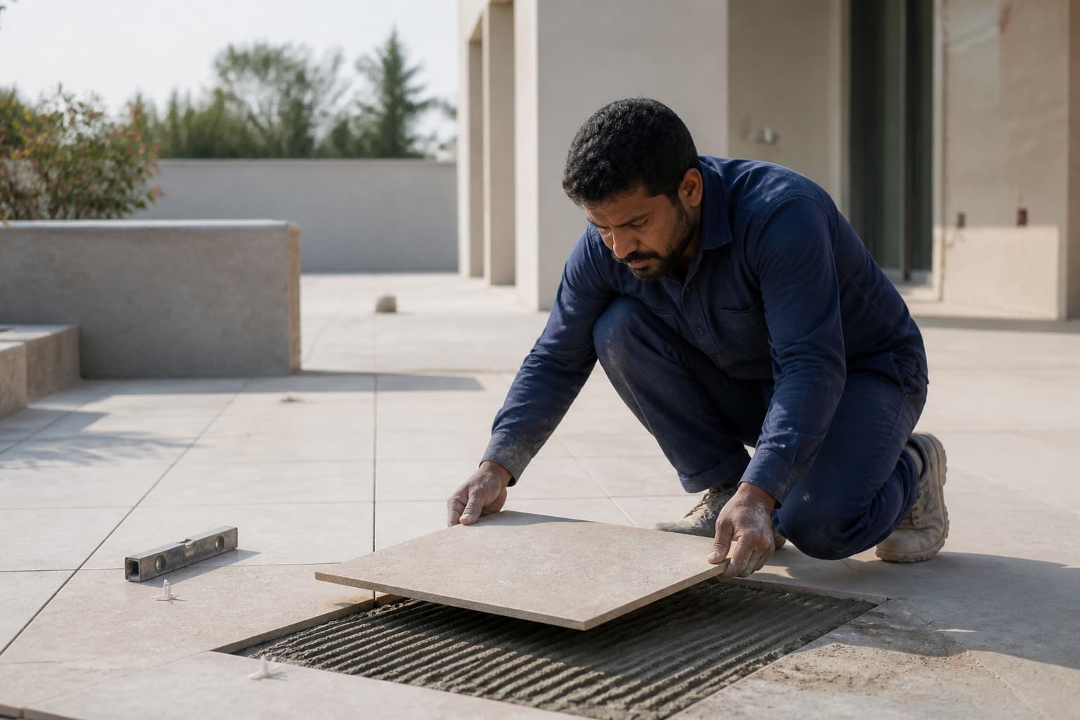 Natural stone-look tiles being laid on a UAE villa patio
