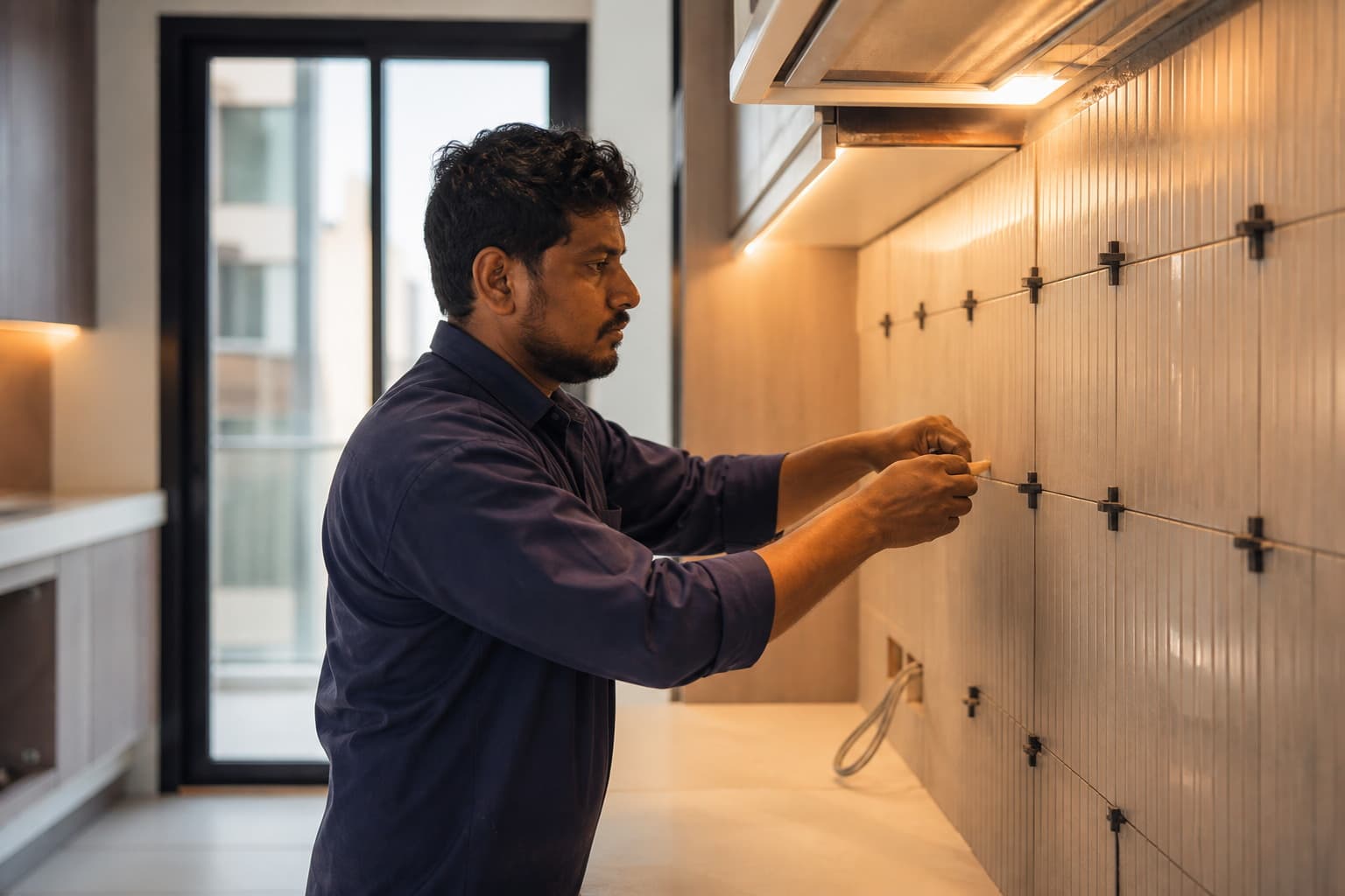 Technician setting wall tiles on a kitchen splashback