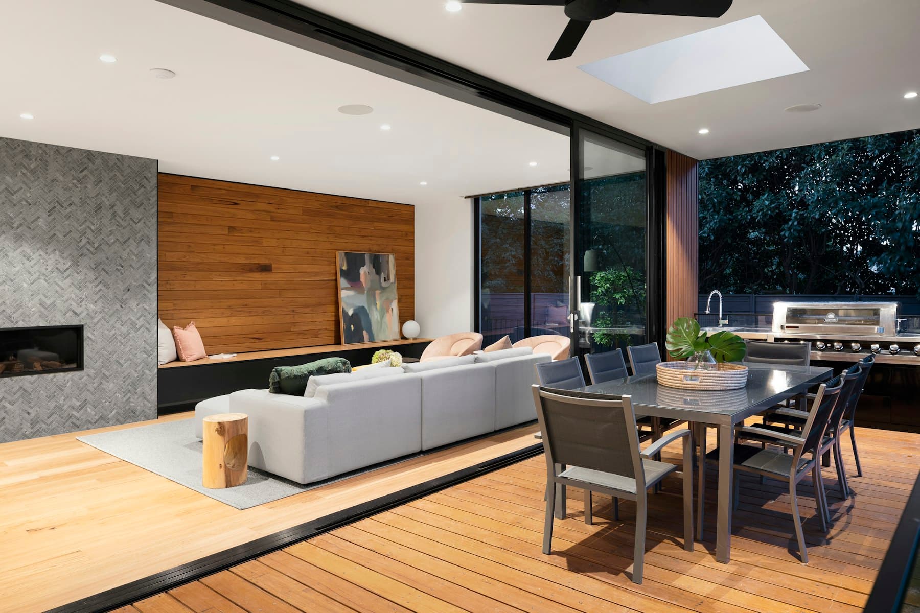 Modern villa living space with finished flooring and indoor-outdoor circulation